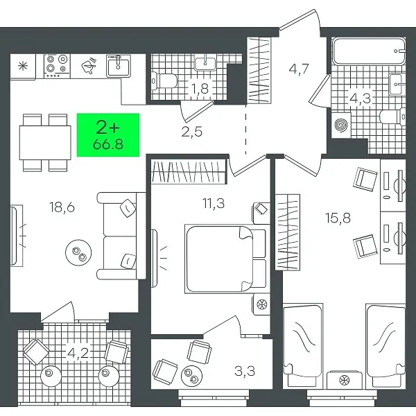Количество комнат: 2,  66.89 кв.м.