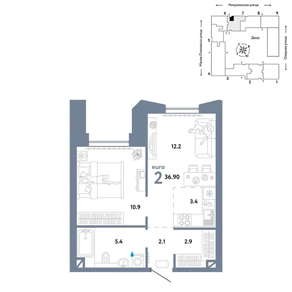 Новая 2-к квартира
 36.9 м² на 2/30 этаже в ЖК «Страна.Озёрная» в городе Тюмень 