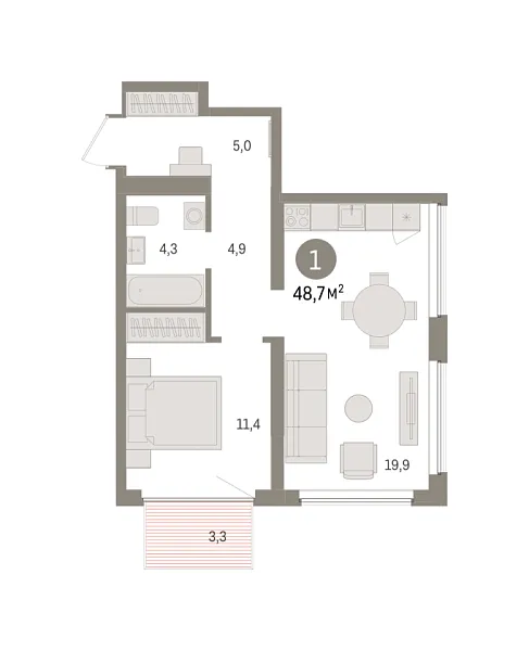 Новая 1-к квартира
 48.72 м² на 3/5 этаже в ЖК «Речной порт» в городе Тюмень 