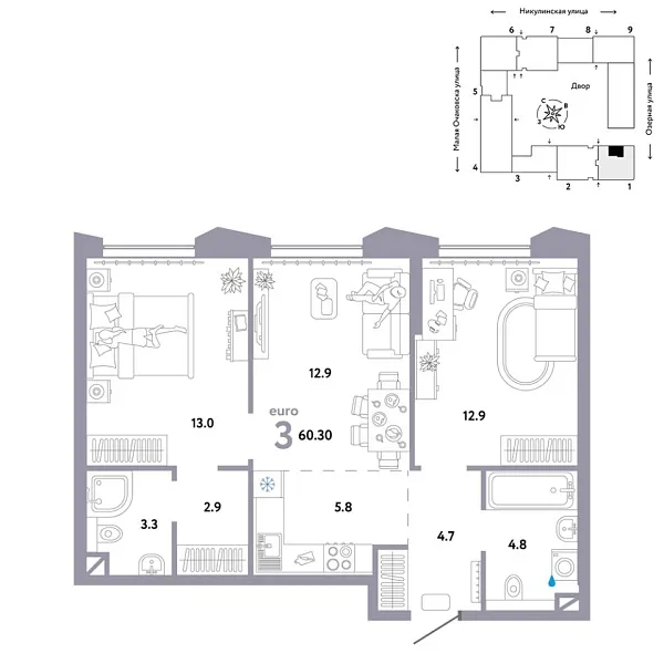 Новая 3-к квартира
 60.3 м² на 18/30 этаже в ЖК «Страна.Озёрная» в городе Тюмень 