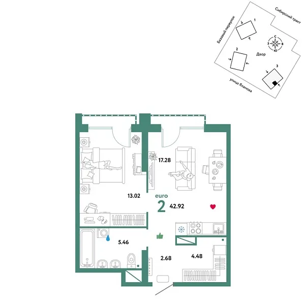 Новая 2-к квартира
 42.92 м² на 4/32 этаже в ЖК «Сибирский сад» в городе Тюмень 