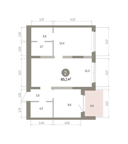 Количество комнат: 2,  65.09 кв.м.