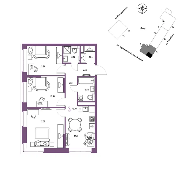 Новая 3-к квартира
 74.7 м² на 3/9 этаже в ЖК «Страна.Тополёвая» в городе Тюмень 