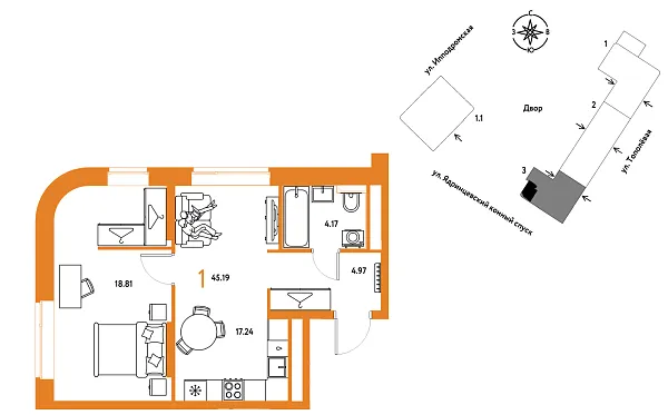 Новая 1-к квартира
 45.19 м² на 5/9 этаже в ЖК «Страна.Тополёвая» в городе Тюмень 