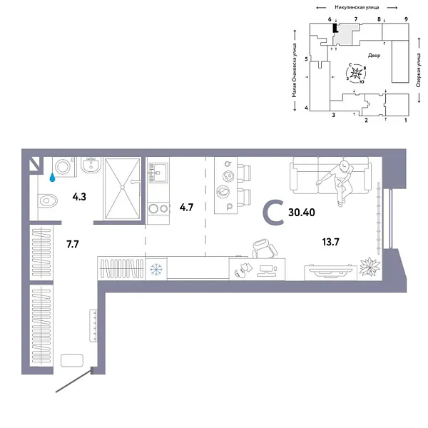 Новая квартира-студия
 30.4 м² на 4/30 этаже в ЖК «Страна.Озёрная» в городе Тюмень 