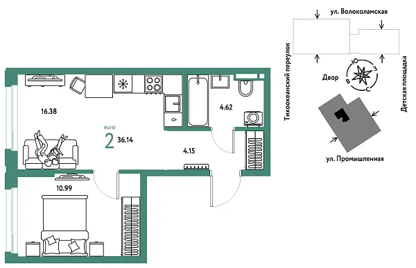 Новая 2-к квартира
 36.14 м² на 19/20 этаже в ЖК «Страна.Прибрежная» в городе Тюмень 