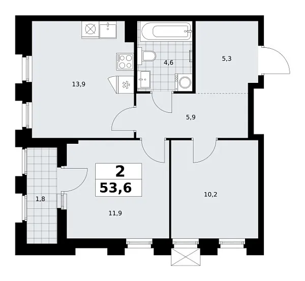 Новая 2-к квартира
 53.6 м² на 11/22 этаже в ЖК «Деснаречье» в городе Тюмень 