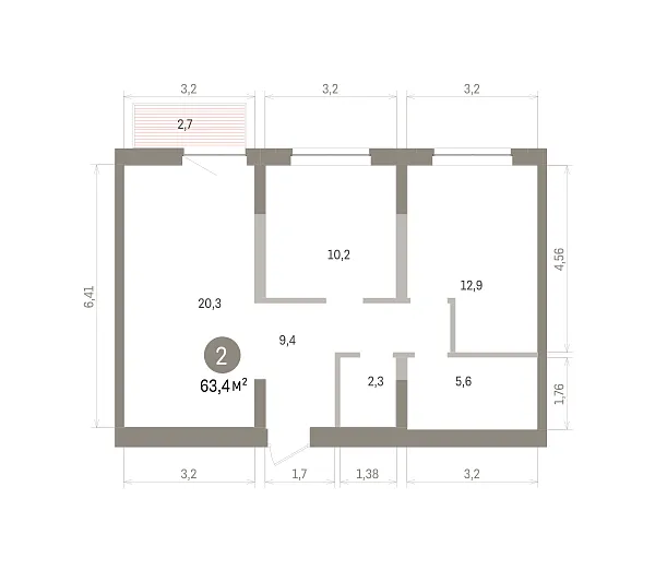 Количество комнат: 2,  63.4 кв.м.