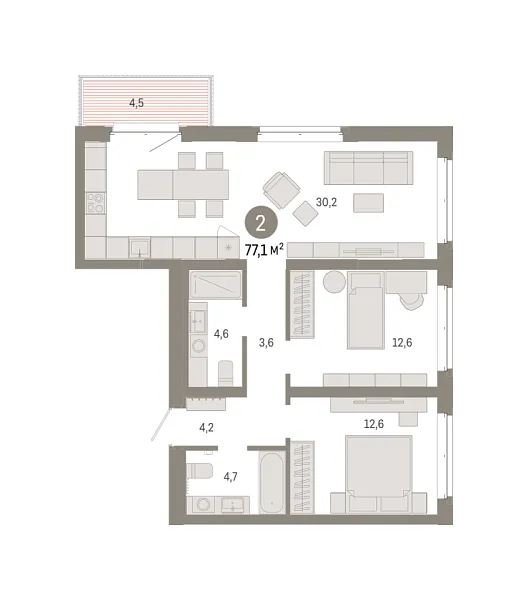 Новая 2-к квартира
 77.05 м² на 5/7 этаже в ЖК «Кварталы «На Минской»» в городе Тюмень 