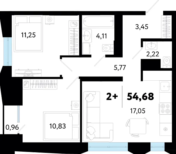 Новая 2-к квартира
 54.68 м² на 8/16 этаже в ЖК «Кедровый берег» в городе Тюмень 