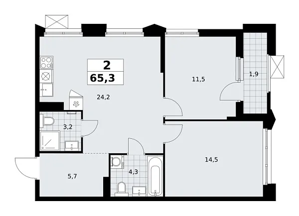 Новая 2-к квартира
 65.3 м² на 19/22 этаже в ЖК «Деснаречье» в городе Тюмень 