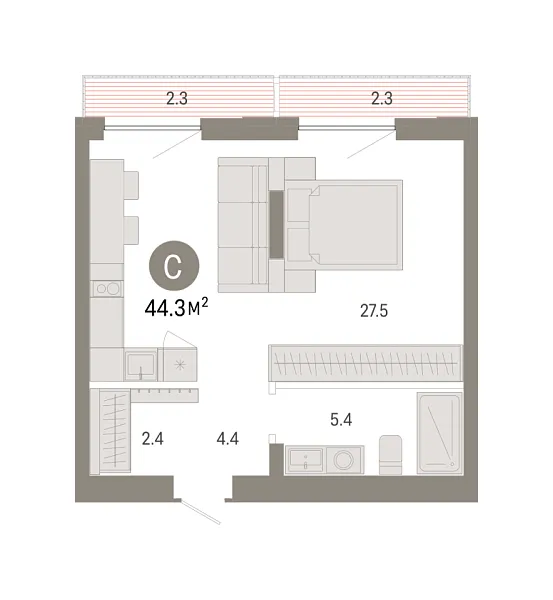 Новая квартира-студия
 44.28 м² на 8/8 этаже в ЖК «Октябрьский на Туре» в городе Тюмень 