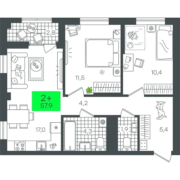 Количество комнат: 2,  57.91 кв.м.