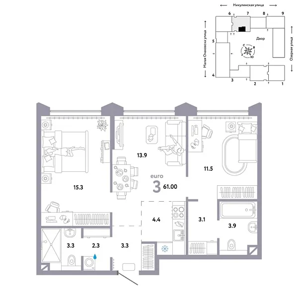 Новая 3-к квартира
 61 м² на 27/30 этаже в ЖК «Страна.Озёрная» в городе Тюмень 