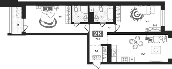 Новая 2-к квартира
 69.3 м² на 3/23 этаже в ЖК «Маэстро» в городе Тюмень 