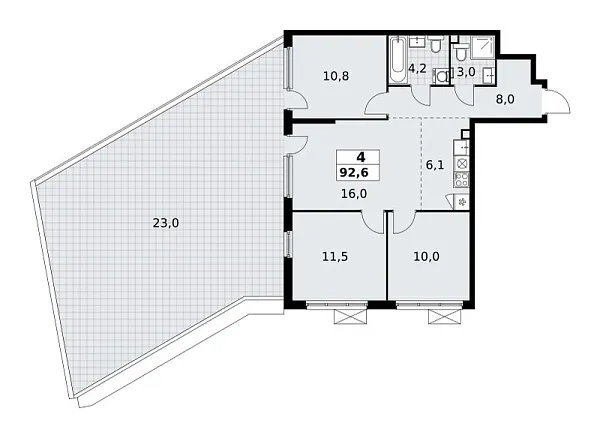 Новая 4-к квартира
 92.6 м² на 2/13 этаже в ЖК «Скандинавия» в городе Тюмень 