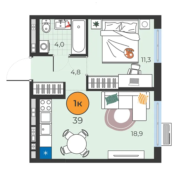 Новая 1-к квартира
 39 м² на 2/25 этаже в ЖК «Корней» в городе Тюмень 