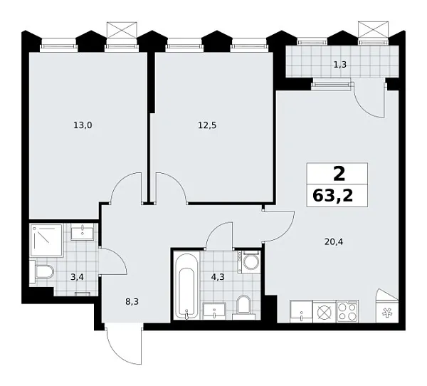 Новая 2-к квартира
 63.2 м² на 11/16 этаже в ЖК «Деснаречье» в городе Тюмень 