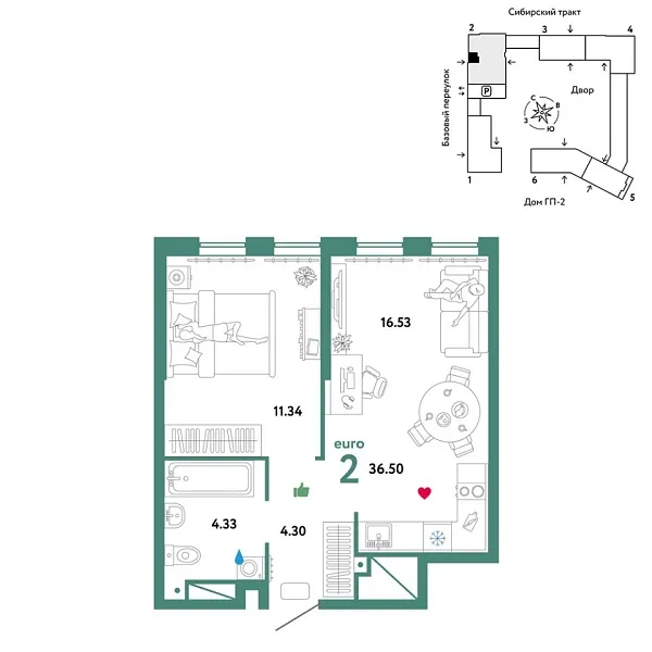 Новая 2-к квартира
 36.5 м² на 20/32 этаже в ЖК «Сибирский сад» в городе Тюмень 