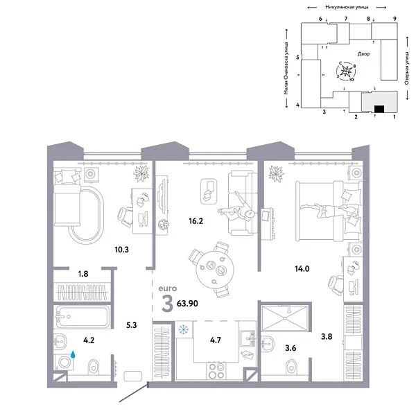 Новая 3-к квартира
 63.9 м² на 30/30 этаже в ЖК «Страна.Озёрная» в городе Тюмень 