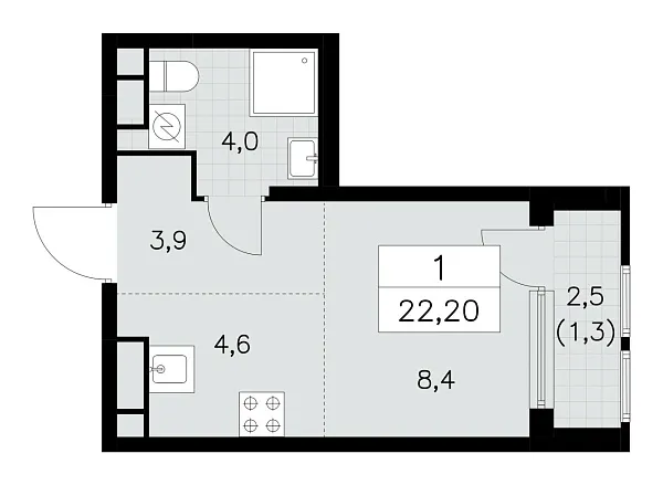 Новая 1-к квартира
 22.2 м² на 11/30 этаже в ЖК «Южные сады» в городе Тюмень 