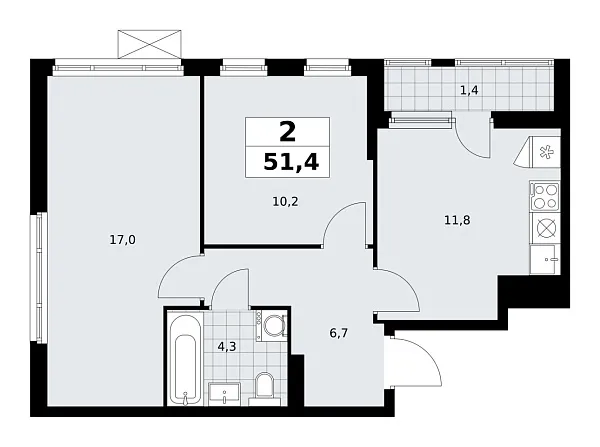 Новая 2-к квартира
 51.4 м² на 11/14 этаже в ЖК «Дзен-кварталы» в городе Тюмень 