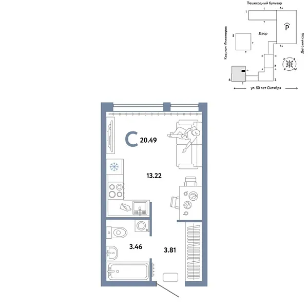 Новая квартира-студия
 20.49 м² на 15/25 этаже в ЖК «Сердце Сибири» в городе Тюмень 