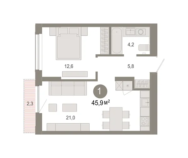 Новая 1-к квартира
 45.93 м² на 15/17 этаже в ЖК «Октябрьский на Туре» в городе Тюмень 