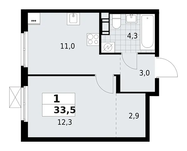 Новая 1-к квартира
 33.5 м² на 8/9 этаже в ЖК «А101 Всеволожск» в городе Тюмень 