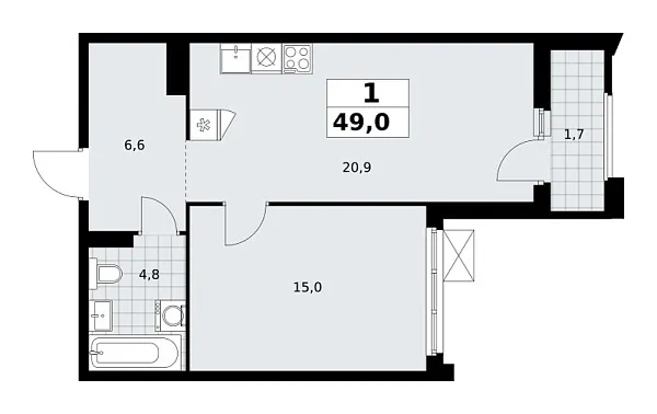 Новая 1-к квартира
 49 м² на 20/22 этаже в ЖК «Деснаречье» в городе Тюмень 