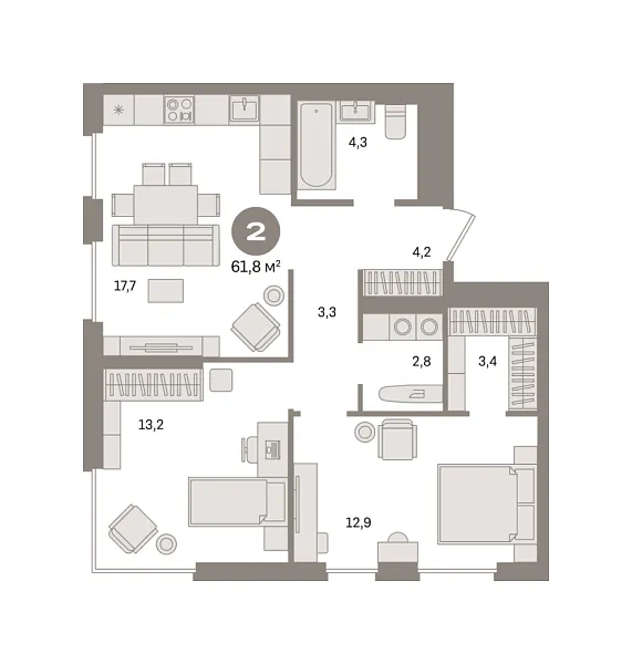 Новая 2-к квартира
 61.84 м² на 26/30 этаже в ЖК «Квартал Герцена» в городе Тюмень 
