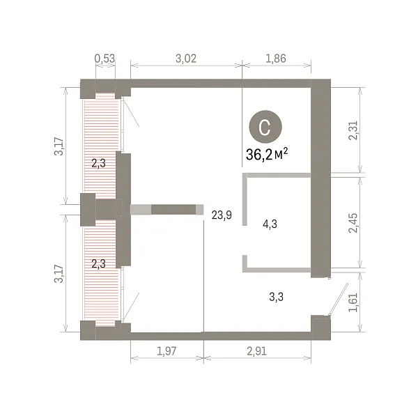 Количество комнат: Студия,  36.18 кв.м.