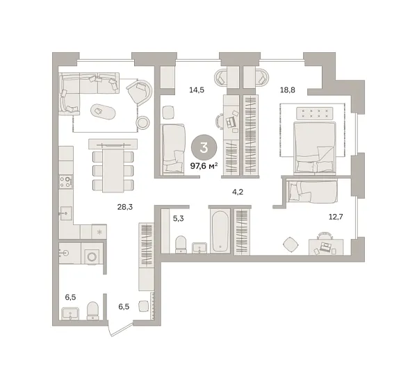 Новая 3-к квартира
 97.59 м² на 4/25 этаже в ЖК «Квартал «МОНС»» в городе Тюмень 