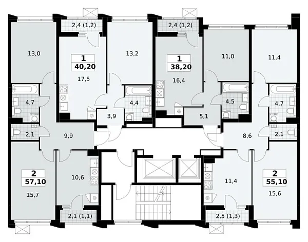 Количество комнат: 2,  57.1 кв.м.