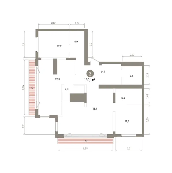 Количество комнат: 3,  130.09 кв.м.