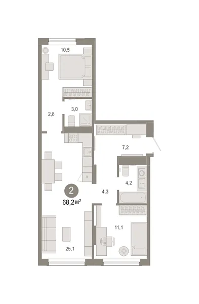 Новая 2-к квартира
 68.16 м² на 2/7 этаже в ЖК «Октябрьский на Туре» в городе Тюмень 