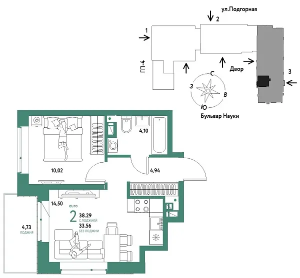 Новая 2-к квартира
 38.29 м² на 16/16 этаже в ЖК «Авторский» в городе Тюмень 