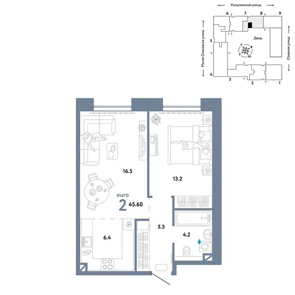 Новая 2-к квартира
 45.6 м² на 6/30 этаже в ЖК «Страна.Озёрная» в городе Тюмень 