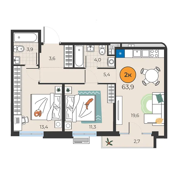 Новая 2-к квартира
 63.8 м² на 8/25 этаже в ЖК «Корней» в городе Тюмень 