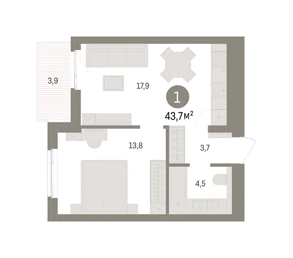 Новая 1-к квартира
 43.7 м² на 5/9 этаже в ЖК «Брусника в Новоселье» в городе Тюмень 