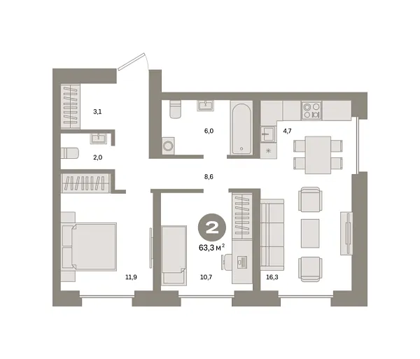Новая 2-к квартира
 63.3 м² на 2/24 этаже в ЖК «Квартал «Метроном»» в городе Тюмень 