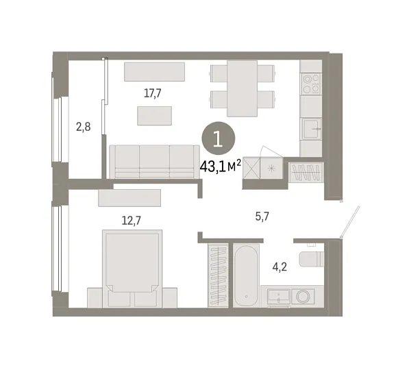 Новая 1-к квартира
 43.09 м² на 15/17 этаже в ЖК «Октябрьский на Туре» в городе Тюмень 