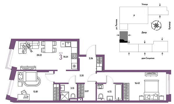 Новая 3-к квартира
 70.31 м² на 12/24 этаже в ЖК «Остров-сад» в городе Тюмень 