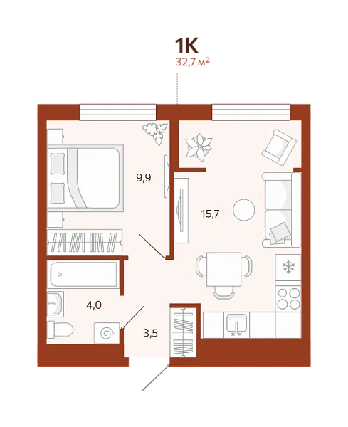Новая 1-к квартира
 32.66 м² на 4/14 этаже в ЖК «ЖК Новатор» в городе Тюмень 