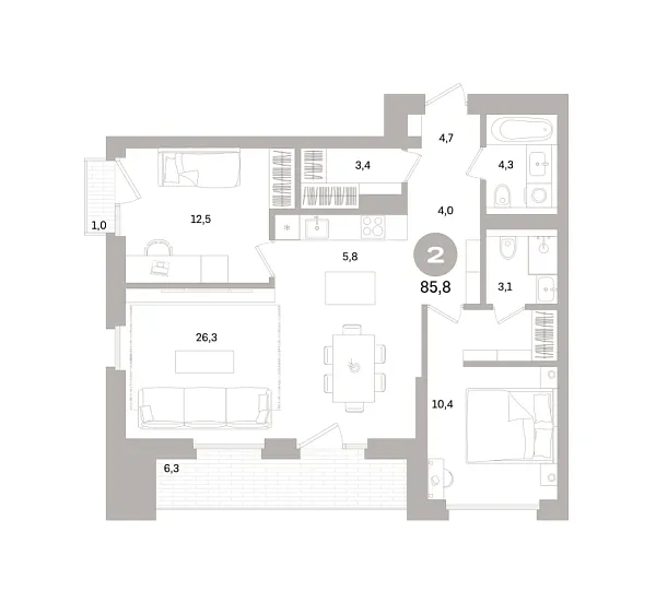 Новая 2-к квартира
 85.79 м² на 10/16 этаже в ЖК «Северный ветер» в городе Тюмень 