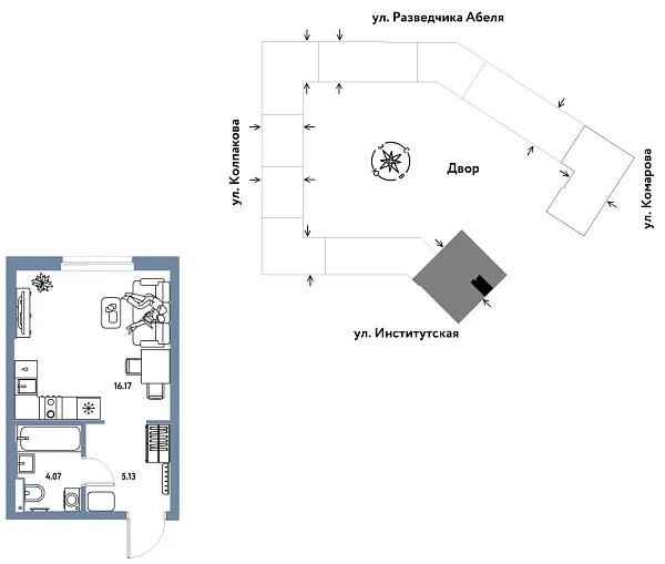 Новая квартира-студия
 25.37 м² на 5/26 этаже в ЖК «Страна.Парковая» в городе Тюмень 