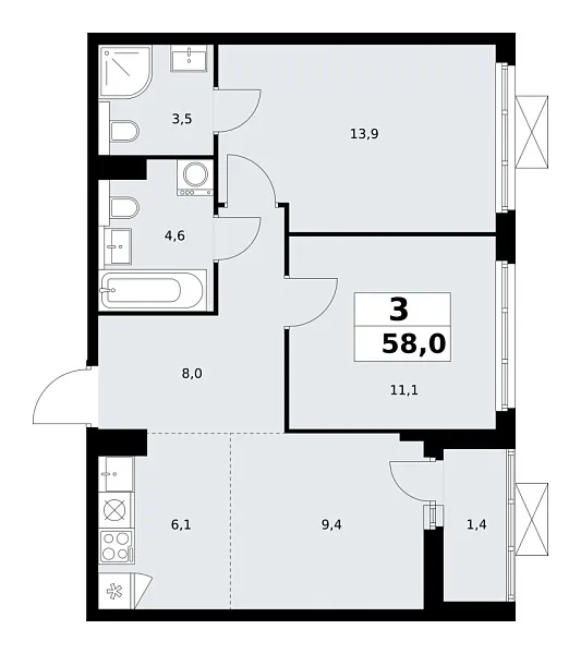 Новая 3-к квартира
 58 м² на 14/19 этаже в ЖК «Бунинские кварталы» в городе Тюмень 