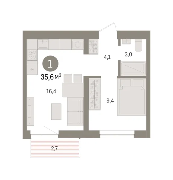 Новая 1-к квартира
 35.6 м² на 7/9 этаже в ЖК «Речной порт» в городе Тюмень 