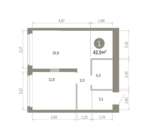 Количество комнат: 1,  42.87 кв.м.