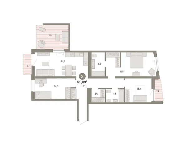 Новая 3-к квартира
 120 м² на 10/10 этаже в ЖК «Речной порт» в городе Тюмень 